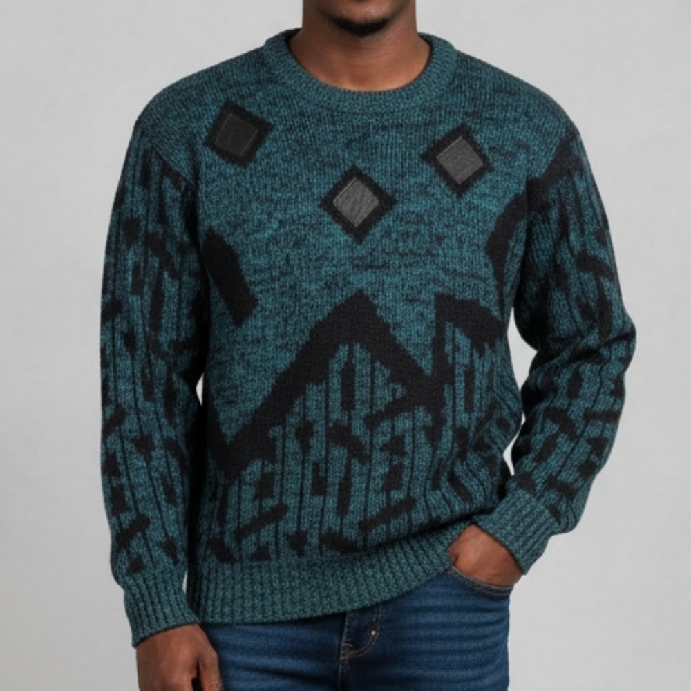 Campus Medium Vintage Mens Sweater In Dark Turquoise & Black Leather Details